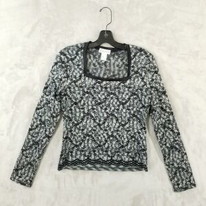 Vintage Top Women M Black White Floral Stretch Lace Square Neck Y2K Whimsigoth